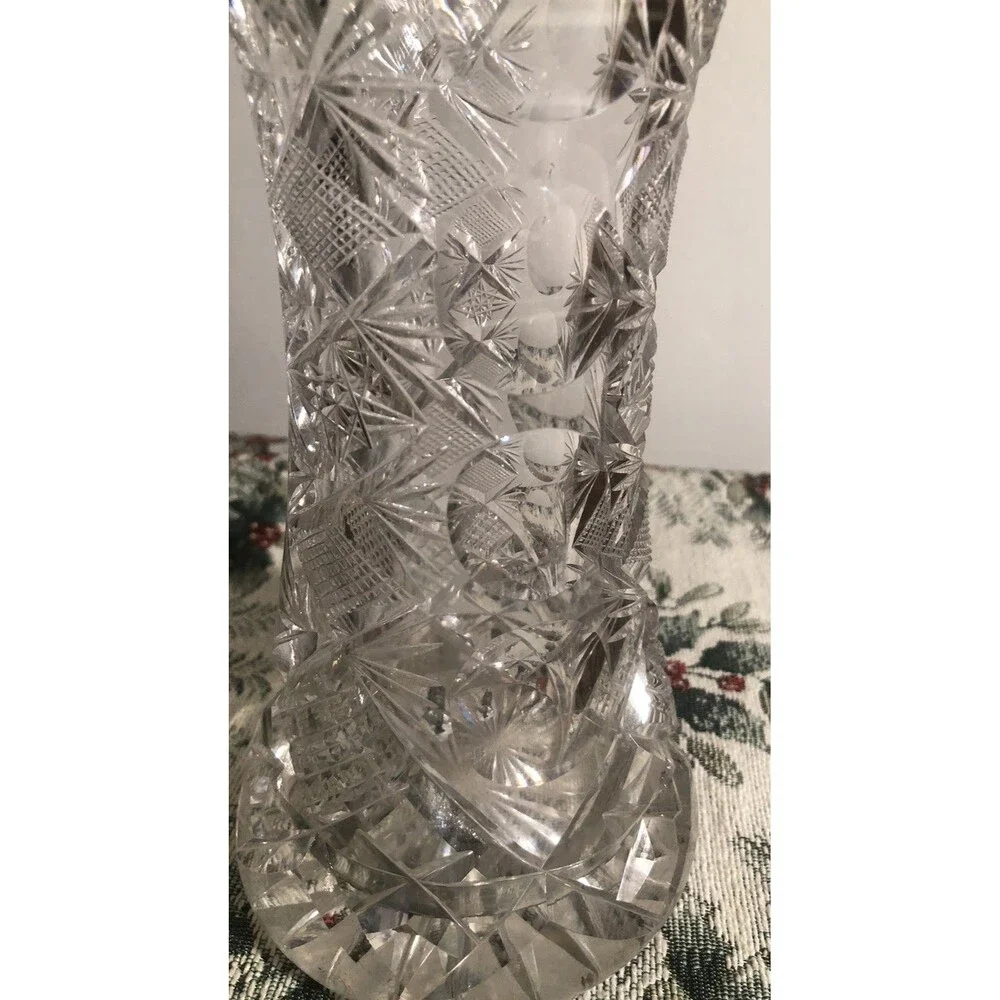 Vtg ABP  Cut Glass Corset Sawtooth Vase 10”